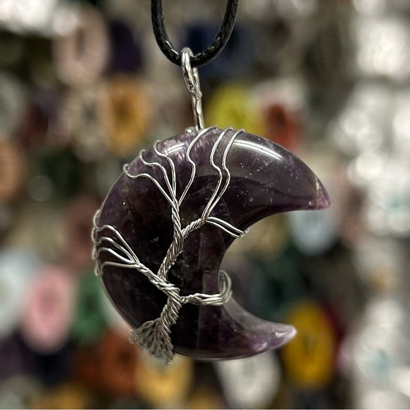 Amethyst Crescent Moon Natural Gemstone Tree Of Life Wire Wrap Pendant - Picture 3 of 4